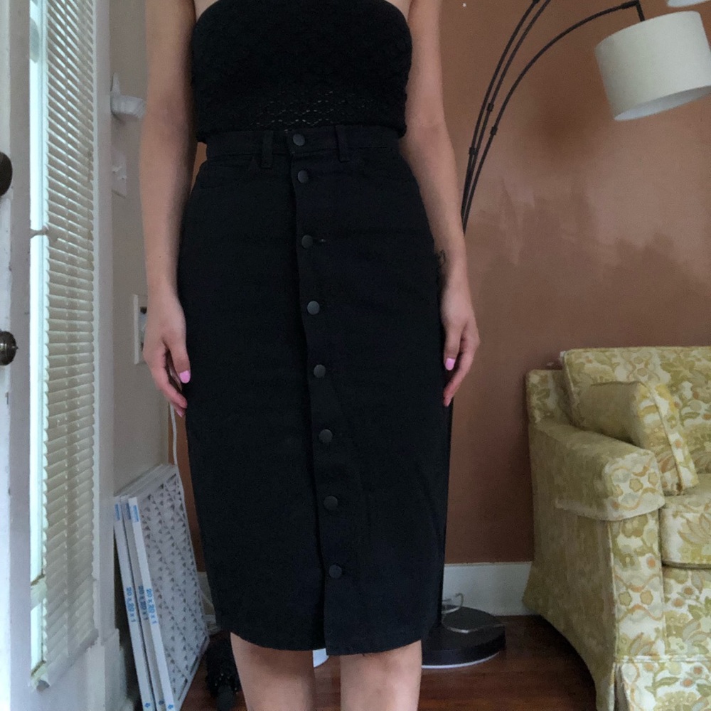 Black denim midi skirt